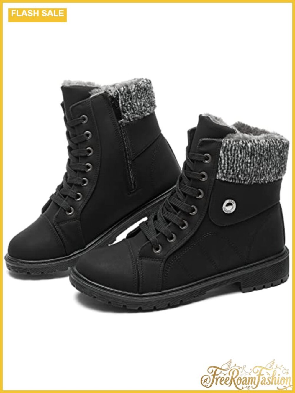 PU Leather Combat Boots Faux Fur Lined Ankle Booties Side Zipper Snow Boots